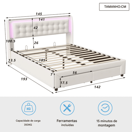 Cama estofada 140x190 cm com vigas Decoração, gavetas, faixas de luz, porta de carregamento USB, bolsa de armazenamento, bege, com carregador europeu Cama estofada 140x190 cm com vigas Decoração, gavetas, faixas de luz, porta de carregamento USB, bolsa de armazenamento, bege, com carregador europeu