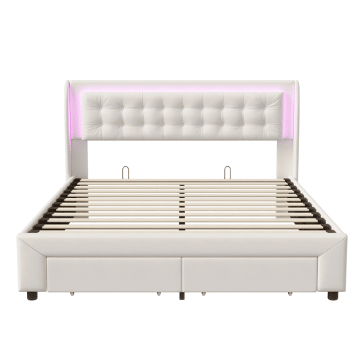 Cama estofada 140x190 cm com vigas Decoração, gavetas, faixas de luz, porta de carregamento USB, bolsa de armazenamento, bege, com carregador europeu Cama estofada 140x190 cm com vigas Decoração, gavetas, faixas de luz, porta de carregamento USB, bolsa de armazenamento, bege, com carregador europeu