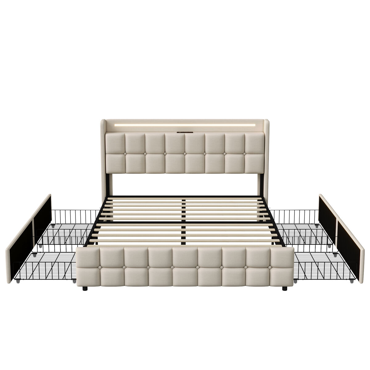 Cama tapizada con función de carga usb y cabecero led y 4 cajones, cama doble 140x200cm canapés estructura de cama juvenil, somier de láminas de