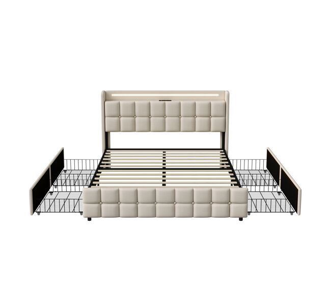 Cama tapizada con función de carga usb y cabecero led y 4 cajones, cama doble 140x200cm canapés estructura de cama juvenil, somier de láminas de
