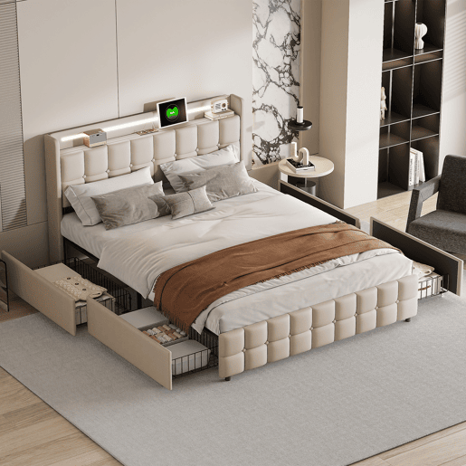 Cama estofada com função de carregamento USB e cabeceira LED e 4 gavetas, cama de casal 140x200cm camas de arrumação estrutura de cama jovem, estrutura de ripas de madeira, sem colchão, bege Cama estofada com função de carregamento USB e cabeceira LED e 4 gavetas, cama de casal 140x200cm camas de arrumação estrutura de cama jovem, estrutura de ripas de madeira, sem colchão, bege