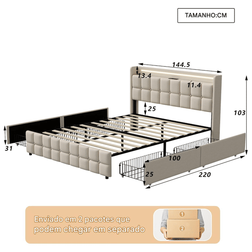 Cama estofada com função de carregamento USB e cabeceira LED e 4 gavetas, cama de casal 140x200cm camas de arrumação estrutura de cama jovem, estrutura de ripas de madeira, sem colchão, bege