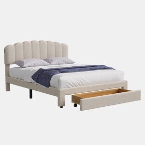 Cama de casal em veludo bege com entrada USB e gaveta aos pés da cama (140x200cm)