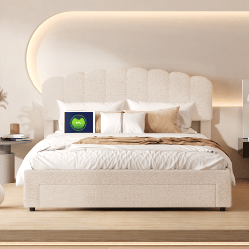 Cama de casal em veludo bege com entrada USB e gaveta aos pés da cama (140x200cm)