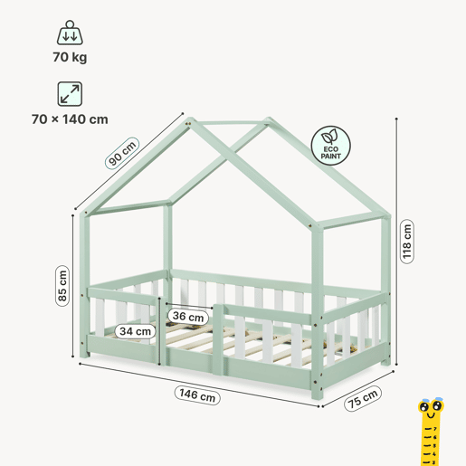 Cama de criança Treviolo em forma de casa pinho 70x140 cm - Verde menta en.casa Cama de criança Treviolo em forma de casa pinho 70x140 cm - Verde menta en.casa