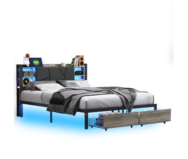Cama doble tapizada 140x200 cm, cama de metal con 2 cajones, cabecero con canapé led y enchufe, estructura de cama con somier de láminas de metal,