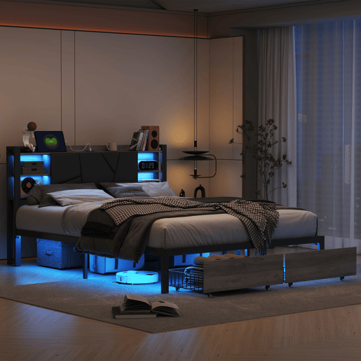 Cama de casal estofada 140x200cm, cama metálica com 2 gavetas, cabeceira com gavetão LED e tomada, estrado com estrado de ripas metálico, camas com gavetão, sem colchão. Cama de casal estofada 140x200cm, cama metálica com 2 gavetas, cabeceira com gavetão LED e tomada, estrado com estrado de ripas metálico, camas com gavetão, sem colchão.