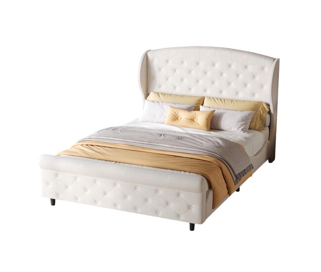 Cama trineo de 140x200 cm en terciopelo beige – cabecero tapizado con botones – estilo clásico europeo