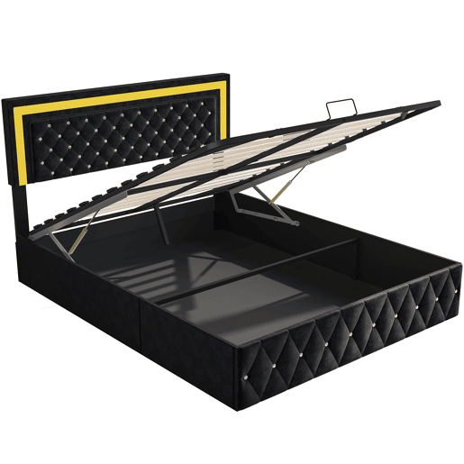 Cama em veludo com arrumação 160x200 cm - com LED e base de ripas - Cama de casal com arrumação - com cabeceira regulável em altura - Negro Cama em veludo com arrumação 160x200 cm - com LED e base de ripas - Cama de casal com arrumação - com cabeceira regulável em altura - Negro