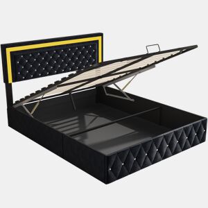 Cama em veludo com arrumação 160x200 cm - com LED e base de ripas - Cama de casal com arrumação - com cabeceira regulável em altura - Negro