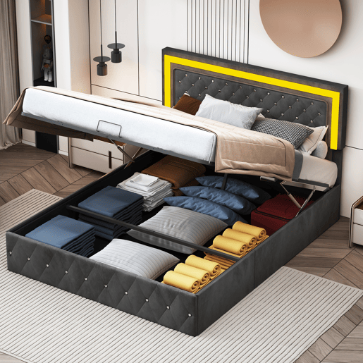 Cama em veludo com arrumação 160x200 cm - com LED e base de ripas - Cama de casal com arrumação - com cabeceira regulável em altura - Negro Cama em veludo com arrumação 160x200 cm - com LED e base de ripas - Cama de casal com arrumação - com cabeceira regulável em altura - Negro