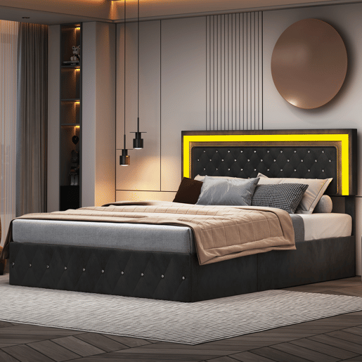 Cama em veludo com arrumação 160x200 cm - com LED e base de ripas - Cama de casal com arrumação - com cabeceira regulável em altura - Negro Cama em veludo com arrumação 160x200 cm - com LED e base de ripas - Cama de casal com arrumação - com cabeceira regulável em altura - Negro