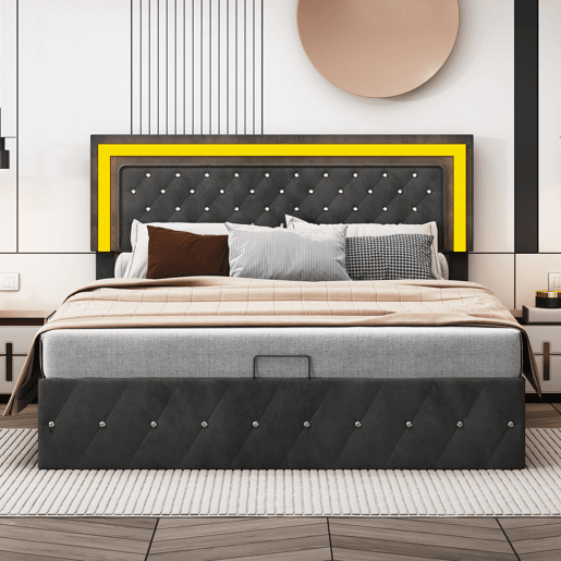 Cama em veludo com arrumação 160x200 cm - com LED e base de ripas - Cama de casal com arrumação - com cabeceira regulável em altura - Negro Cama em veludo com arrumação 160x200 cm - com LED e base de ripas - Cama de casal com arrumação - com cabeceira regulável em altura - Negro