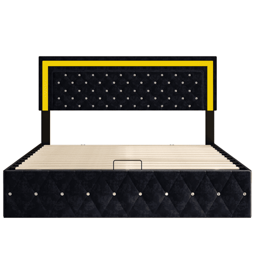 Cama em veludo com arrumação 160x200 cm - com LED e base de ripas - Cama de casal com arrumação - com cabeceira regulável em altura - Negro Cama em veludo com arrumação 160x200 cm - com LED e base de ripas - Cama de casal com arrumação - com cabeceira regulável em altura - Negro