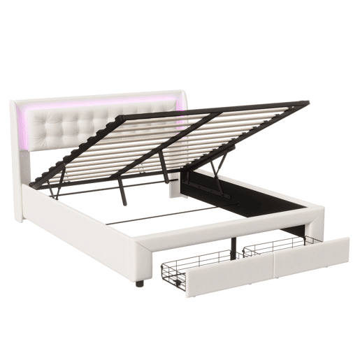Cama com baú 180x200 cm - cama dupla estofada - LED - 2 gavetas e espaço de arrumação - veludo - adultos e adolescentes