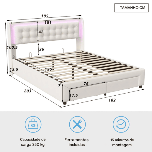 Cama com baú 180x200 cm - cama dupla estofada - LED - 2 gavetas e espaço de arrumação - veludo - adultos e adolescentes