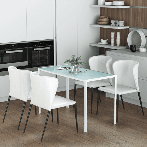 Mesa de jantar retangular de vidro para 4 a 6 pessoas com pés de metal multifuncionais para cozinha e sala de estar, 120x60x75 cm, branca.