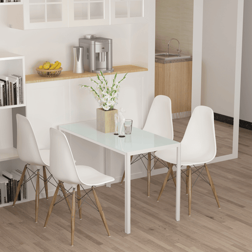 Mesa de jantar retangular de vidro para 4 a 6 pessoas com pés de metal multifuncionais para cozinha e sala de estar, 120x60x75 cm, branca.