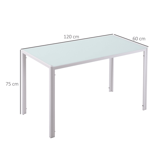 Mesa de jantar retangular de vidro para 4 a 6 pessoas com pés de metal multifuncionais para cozinha e sala de estar, 120x60x75 cm, branca.