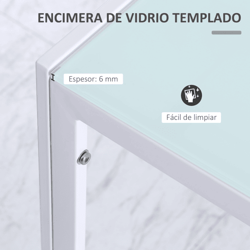 Mesa de jantar retangular de vidro para 4 a 6 pessoas com pés de metal multifuncionais para cozinha e sala de estar, 120x60x75 cm, branca.