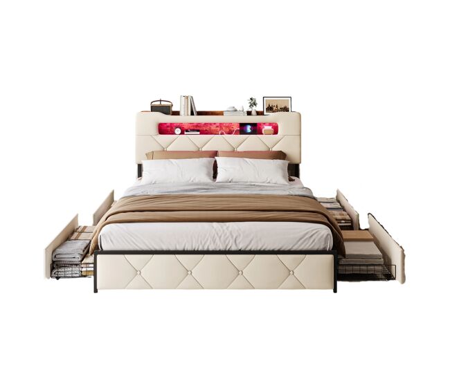 Cama 140x200 cm con 4 cajones de almacenaje, cabecero con iluminación led, tapizado en tela beige, estructura de metal y paneles