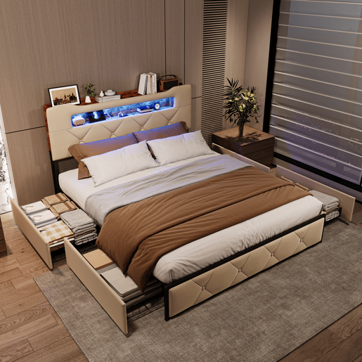 Cama 140x200 cm com 4 gavetas de armazenamento, cabeceira com iluminação LED, estofada em tecido bege, estrutura metálica e painéis Cama 140x200 cm com 4 gavetas de armazenamento, cabeceira com iluminação LED, estofada em tecido bege, estrutura metálica e painéis