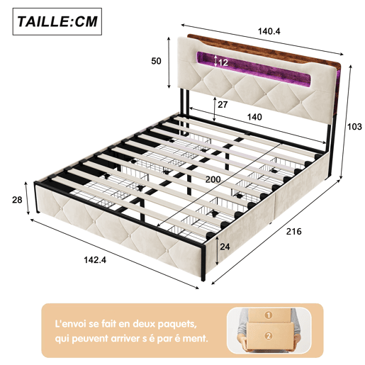 Cama 140x200 cm com 4 gavetas de armazenamento, cabeceira com iluminação LED, estofada em tecido bege, estrutura metálica e painéis Cama 140x200 cm com 4 gavetas de armazenamento, cabeceira com iluminação LED, estofada em tecido bege, estrutura metálica e painéis