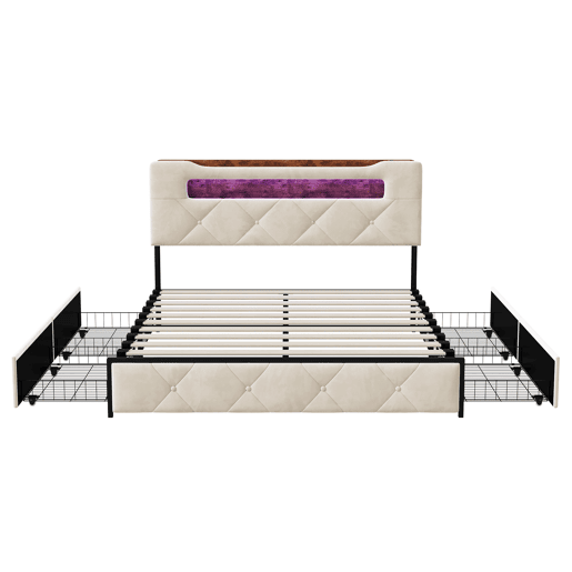 Cama 140x200 cm com 4 gavetas de armazenamento, cabeceira com iluminação LED, estofada em tecido bege, estrutura metálica e painéis Cama 140x200 cm com 4 gavetas de armazenamento, cabeceira com iluminação LED, estofada em tecido bege, estrutura metálica e painéis