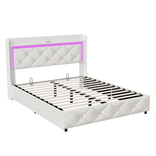 Cama estofada (140x200cm) com entrada USB, cama de casal juvenil, caixa de arrumação com LED, estrutura hidráulica, capa em pele sintética branca