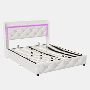 Cama estofada (140x200cm) com entrada USB, cama de casal juvenil, caixa de arrumação com LED, estrutura hidráulica, capa em pele sintética branca