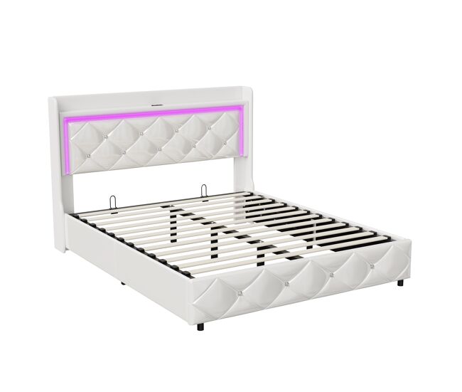 Cama tapizada (140x200 cm) con puerto usb, cama doble juvenil, canapé con led, somier hidráulico, funda de polipiel, color blanco