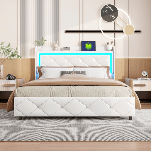 Cama estofada (140x200cm) com entrada USB, cama de casal juvenil, caixa de arrumação com LED, estrutura hidráulica, capa em pele sintética branca