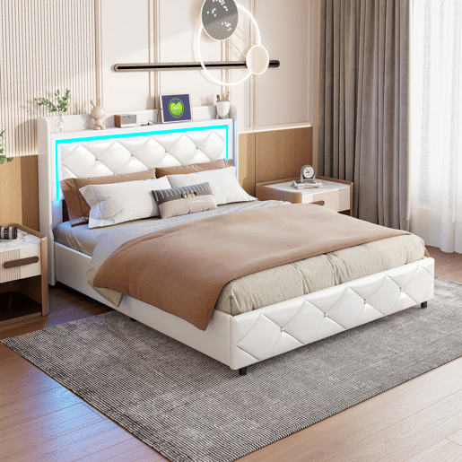 Cama estofada (140x200cm) com entrada USB, cama de casal juvenil, caixa de arrumação com LED, estrutura hidráulica, capa em pele sintética branca