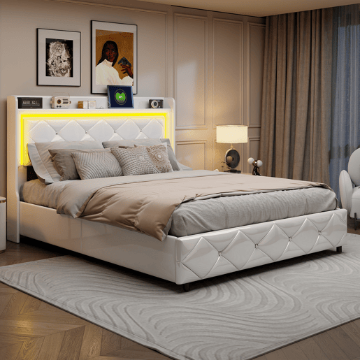 Cama estofada (140x200cm) com entrada USB, cama de casal juvenil, caixa de arrumação com LED, estrutura hidráulica, capa em pele sintética branca