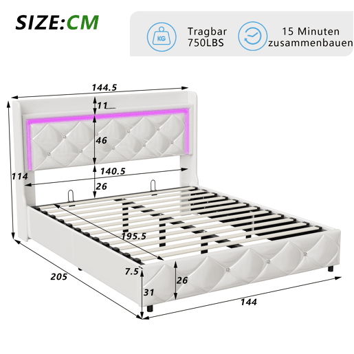 Cama estofada (140x200cm) com entrada USB, cama de casal juvenil, caixa de arrumação com LED, estrutura hidráulica, capa em pele sintética branca