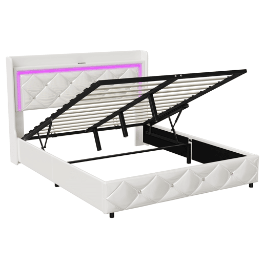 Cama estofada (140x200cm) com entrada USB, cama de casal juvenil, caixa de arrumação com LED, estrutura hidráulica, capa em pele sintética branca