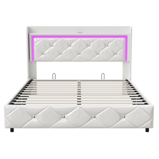 Cama estofada (140x200cm) com entrada USB, cama de casal juvenil, caixa de arrumação com LED, estrutura hidráulica, capa em pele sintética branca