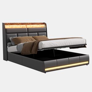 Cama 140x200 cm, Cama estofada com luzes LED, Cama estofada com estrado de ripas e caixa de cama, Cama com função hidráulica cama de hóspedes, para adultos, PU, u200Bu200Bu200Bu200BPreto