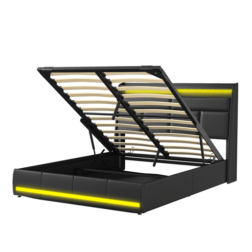 Cama 140x200 cm, Cama estofada com luzes LED, Cama estofada com estrado de ripas e caixa de cama, Cama com função hidráulica cama de hóspedes, para adultos, PU, u200Bu200Bu200Bu200BPreto Cama 140x200 cm, Cama estofada com luzes LED, Cama estofada com estrado de ripas e caixa de cama, Cama com função hidráulica cama de hóspedes, para adultos, PU, u200Bu200Bu200Bu200BPreto