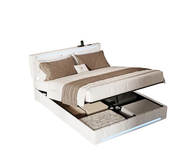 Cama 140x190 cm con almacenaje e iluminación led, cabecero y piecero con iluminación led, tapizado en lino beige, cargador usb integrado