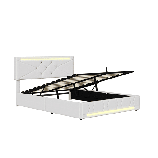 Cama 140x190 cm com armazenamento e iluminação LED, cabeceira e pés com iluminação LED, estofada em linho bege, carregador USB integrado