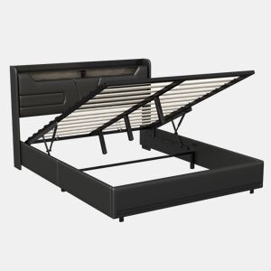Cama estofada 140x200 cm com tomadas USB e elétricas, cama de casal juvenil com estrado de ripas e espaço de arrumação, cama divã com LED, pele sintética, preta