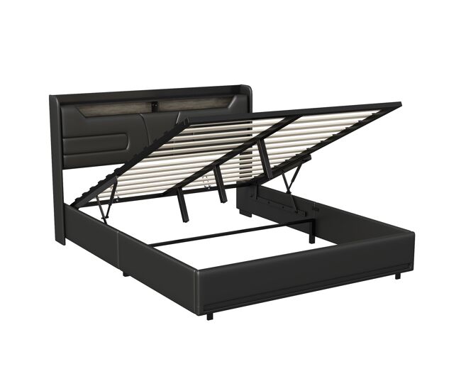 Cama tapizada 140x200cm con usb y enchufes, cama juvenil de matrimonio con somier y espacio de almacenaje, cama canapé con led, polipiel, color negro