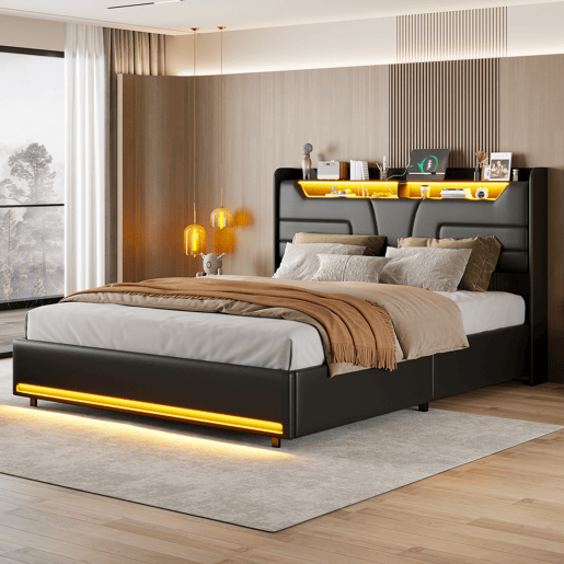 Cama estofada 140x200 cm com tomadas USB e elétricas, cama de casal juvenil com estrado de ripas e espaço de arrumação, cama divã com LED, pele sintética, preta Cama estofada 140x200 cm com tomadas USB e elétricas, cama de casal juvenil com estrado de ripas e espaço de arrumação, cama divã com LED, pele sintética, preta