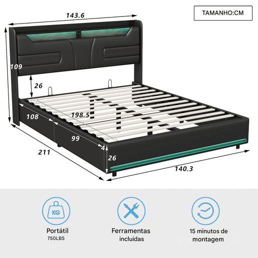 Cama estofada 140x200 cm com tomadas USB e elétricas, cama de casal juvenil com estrado de ripas e espaço de arrumação, cama divã com LED, pele sintética, preta Cama estofada 140x200 cm com tomadas USB e elétricas, cama de casal juvenil com estrado de ripas e espaço de arrumação, cama divã com LED, pele sintética, preta