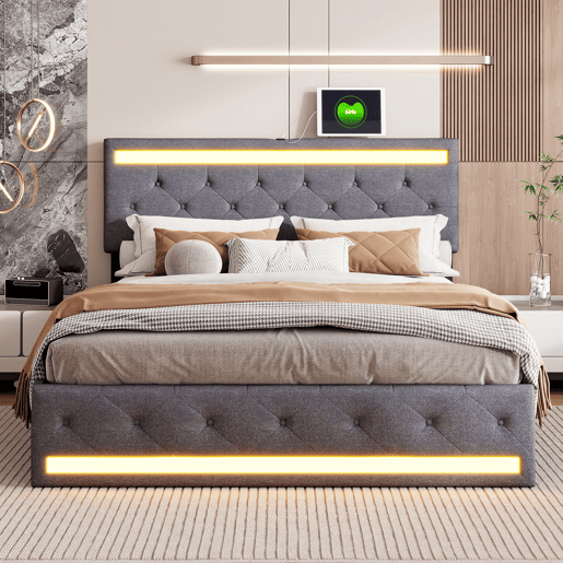 Cama estofada 140x190 cm, cama de casal com tecido de linho cinza, cabeceira com faixa LED + porta USB longa + faixa LED nos pés, 4 gavetas em ferro Cama estofada 140x190 cm, cama de casal com tecido de linho cinza, cabeceira com faixa LED + porta USB longa + faixa LED nos pés, 4 gavetas em ferro