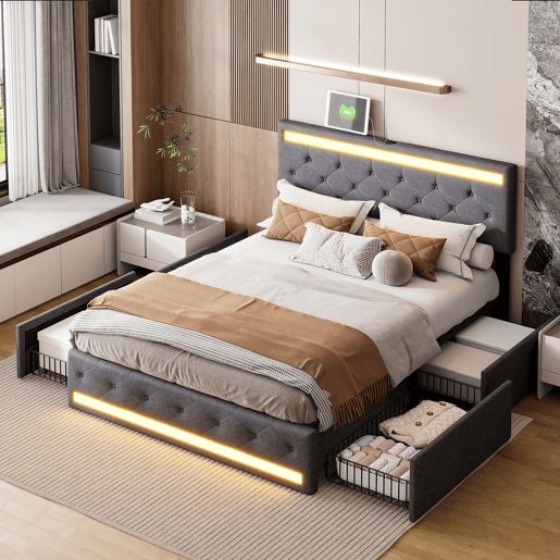 Cama estofada 140x190 cm, cama de casal com tecido de linho cinza, cabeceira com faixa LED + porta USB longa + faixa LED nos pés, 4 gavetas em ferro Cama estofada 140x190 cm, cama de casal com tecido de linho cinza, cabeceira com faixa LED + porta USB longa + faixa LED nos pés, 4 gavetas em ferro