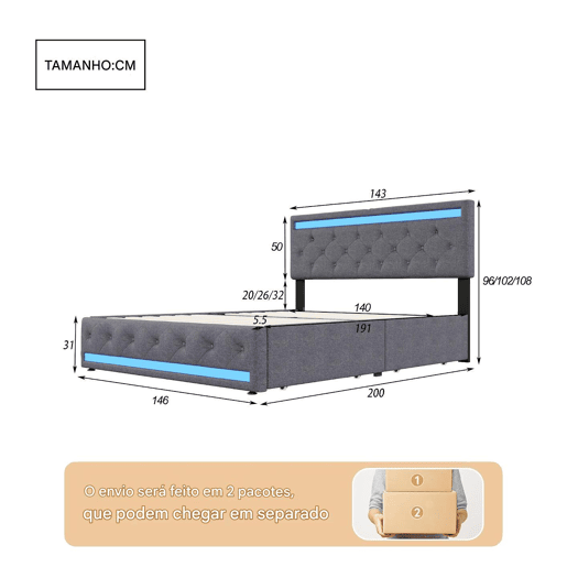 Cama estofada 140x190 cm, cama de casal com tecido de linho cinza, cabeceira com faixa LED + porta USB longa + faixa LED nos pés, 4 gavetas em ferro Cama estofada 140x190 cm, cama de casal com tecido de linho cinza, cabeceira com faixa LED + porta USB longa + faixa LED nos pés, 4 gavetas em ferro