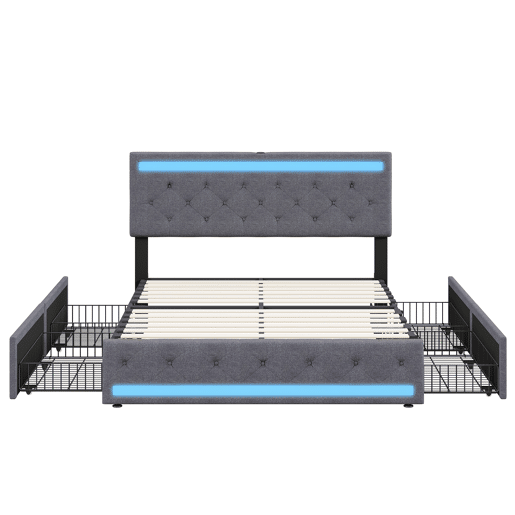 Cama estofada 140x190 cm, cama de casal com tecido de linho cinza, cabeceira com faixa LED + porta USB longa + faixa LED nos pés, 4 gavetas em ferro Cama estofada 140x190 cm, cama de casal com tecido de linho cinza, cabeceira com faixa LED + porta USB longa + faixa LED nos pés, 4 gavetas em ferro
