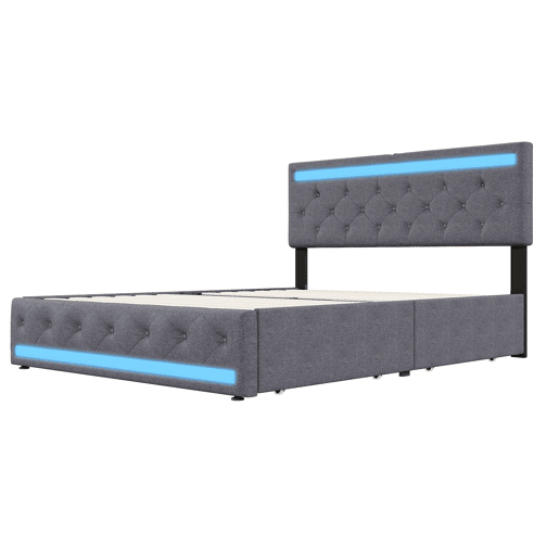 Cama estofada 140x190 cm, cama de casal com tecido de linho cinza, cabeceira com faixa LED + porta USB longa + faixa LED nos pés, 4 gavetas em ferro Cama estofada 140x190 cm, cama de casal com tecido de linho cinza, cabeceira com faixa LED + porta USB longa + faixa LED nos pés, 4 gavetas em ferro